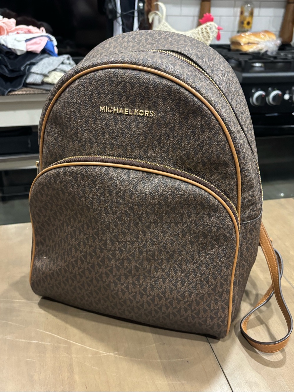 Michael Kors Brown MK Monogram Backpack with Tan Trim